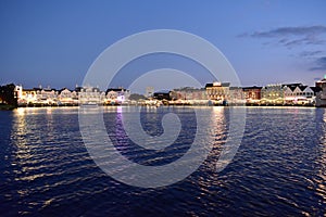 Panoramic view of illuminated dockside bay, from lighthouse area at Lake Buena Vista.