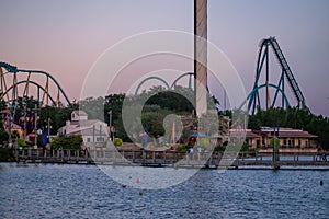 Partial view of Sky Tower, Mako, Kraken rollercoaster and dock side at Seaworld 1