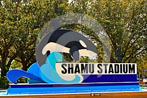 Shamu Stadium Sign at Seaworld Theme Park.