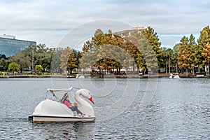 ORLANDO, FLORIDA, USA - DECEMBER, 2018: Eola Lake Park, popular destination for festivals, concerts, fundraising walks and even