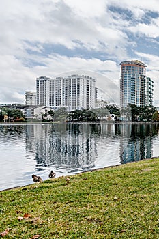 ORLANDO, FLORIDA, USA - DECEMBER, 2018: Eola Lake Park, popular destination for festivals, concerts, fundraising walks and even