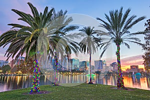 Orlando, Florida, USA downtown skyline at Eola Lake photo