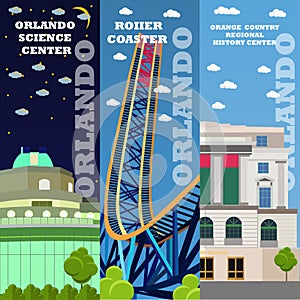 Orlando tourist landmark banners set.