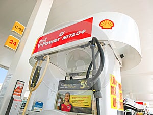 Orlando, USA - May 8, 2018: Filling nozzles at a Shell gas station.