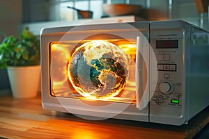 orld in microwave oven, global warming concept, AI generated