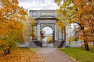 Orlov Gatchina gate in Catherine park in fall, Tsarskoe Selo Pushkin, Saint Petersburg, Russia