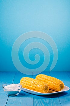 Ð¡orn with salt. Selective focus and copy space. Yellow corn in a white bowl and salt glass on blue background