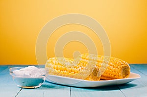 Ð¡orn with salt. Selective focus and copy space. Yellow corn in a white bowl and salt glass on yellow background