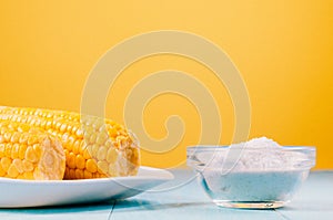 Ð¡orn with salt. Selective focus and copy space. Yellow corn in a white bowl and salt glass on yellow background