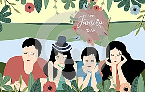Ornage blue family postcard with women,man;children,flower
