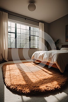 Ornage rectangular rug with pattern on floor in bedroom, created using generative ai technology