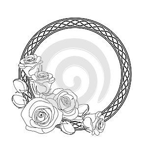 Ornament with celtic motive and roses, antistress coloring page for adults, illustration