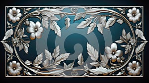 Ornament elements frame, vintage silver floral designs on a blue background