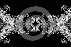 Ornament elements, vintage silver floral designs on black background