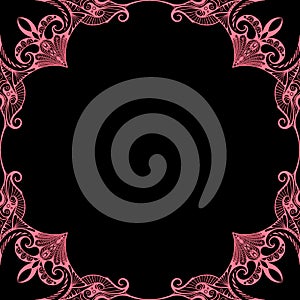 Ornamental frame. Decorative border - strong pink corners on black background