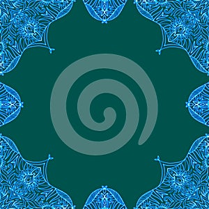 Ornamental frame. Decorative border - corners - glowing blue on dark green background