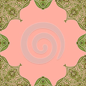 Ornamental frame. Decorative border - corners - green on light pink background