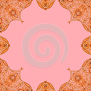 Ornamental frame. Decorative border - corners - strong orange on light pink background