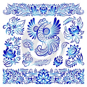 Ornament gzhel style painted blue art bird and flowers traditional Russian folk bloom branch pattern vector illustration