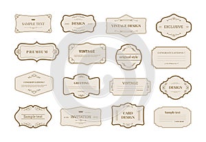 Ornament label, classic vintage style sticker. Retro emblem, frame collection with copy space, tag badge with swirl