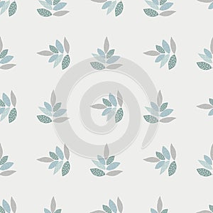 Ornament leaves botanic seamless pattern. Pastel blue elements on light background. Floral wallpaper