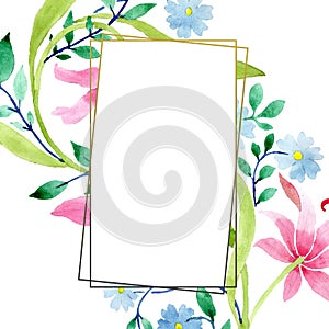 Ornament pink and blue floral botanical flowers. Watercolor background illustration set. Frame border ornament square.
