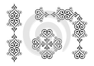 Ornament set of black vector ornaments including scrolls, repeating borders, rule lines and corner elements