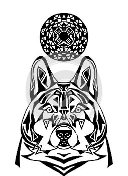 Ornament wolf on white background. Patterned art of severe wolf.