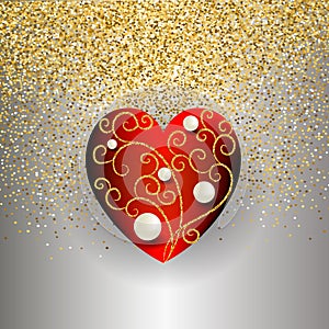 Ornamental 3d vector love heart design. Gold glittery silver ornate shiny background. White pearls, glitter lines, swirls. Vector