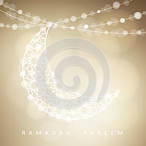 Ornamental arabic half moon with bokeh lights. Vector illustration background, card, invitation for muslim community