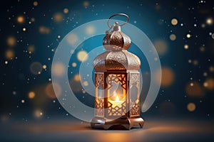 Ornamental Arabic lantern with burning candle glowing.