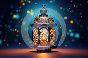 Ornamental Arabic lantern with burning candle glowing.