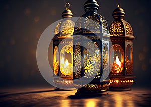 Ornamental Arabic lantern with burning candle glowing at night and glittering golden bokeh lights. AI Generated