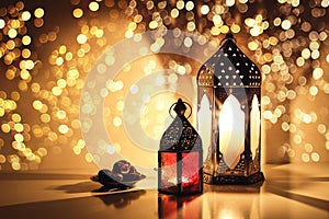 Ornamental Arabic lanterns with burning candles. Glittering golden bokeh lights. Plate with date fruit on the table