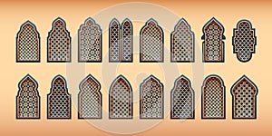 Ornamental arabic windows. Traditional islamic arch silhouettes with oriental arabesque motif pattern, vintage