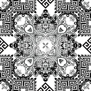 Ornamental Baroque style greek vector seamless pattern. Abstract floral Damask background. Greek key meanders tribal
