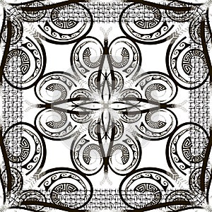 Ornamental black and white geometric greek vector seamless pattern. Grunge grid lattice square frame. Floral repeat backdrop.
