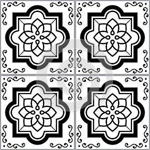 Portuguese and Moroccan Azulejo tile seamless vector pattern, monochrome textile design with swirls and geometric shapes