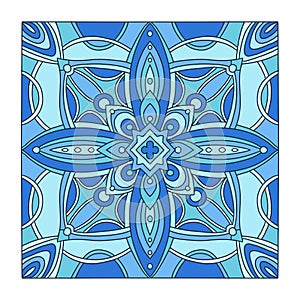 Ornamental Blue Tile. Abstract ornament pattern. Interior ceramic or stained glass art. Abstract textile print design