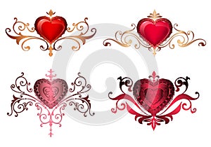 Ornamental borders with hearts Romantic red hearts with floral ornaments golden lace borders and frames. Beautiful royal hearts