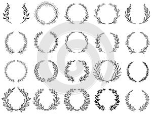 Ornamental branch wreathes. Laurel leafs wreath, olive branches and round floral ornament frames vector set