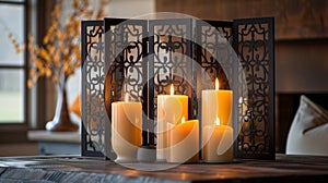The Ornamental Candle Screens black metal frame contrasts beautifully against the warm tones of the candles. 2d flat