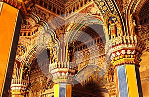 Ornamental ceiling and pillar in ministry hall- dharbar hall- of the thanjavur maratha palace