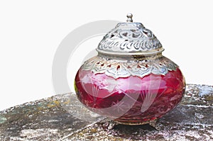 Ornamental Cerise And Silver Bown With Lid