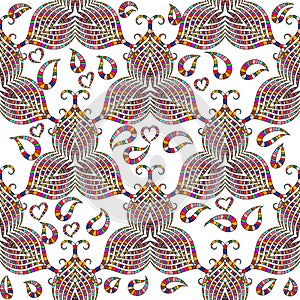 Ornamental colorful Paisley vector seamless pattern. White isolated background. Floral vintage hand drawn ornament with striped