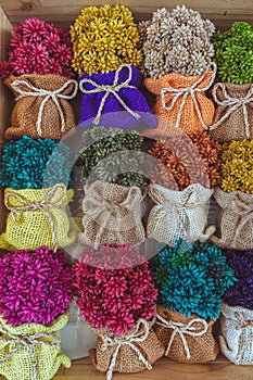Ornamental dried flowers, Dried flowers adorned with a bow tie bag