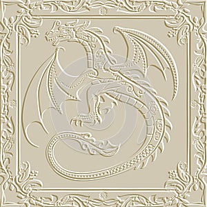 Ornamental emboss 3d chinese dragon gold seamless border pattern background with vintage frame. Zodiac sign, year of the Dragon.