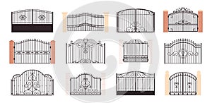 Ornamental fence gates. Metal decorative gate with vintage ornate decor. Architecture elements for yard and garden