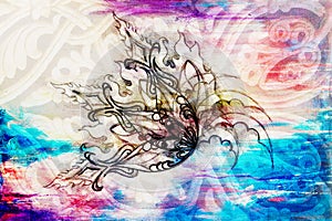 Ornamental filigran drawing on paper with flower and flame structure pattern, Color effect and Computer collage. photo