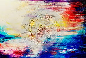 Ornamental filigran drawing on paper with spirals, flower petals and flame structure pattern, Color effect and Computer photo